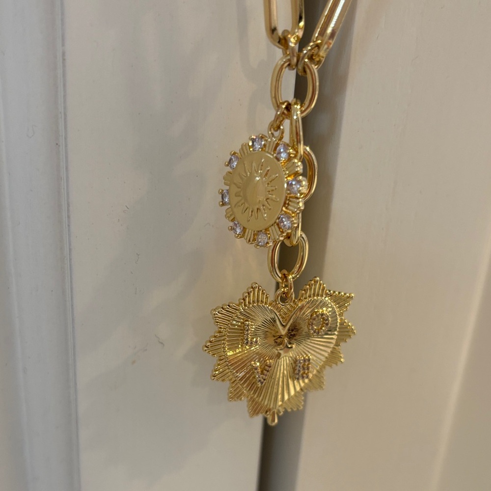 Gold Tone Sunflower and Heart Drop Pendant Necklace - Women Jewelry - Picture 6 of 7